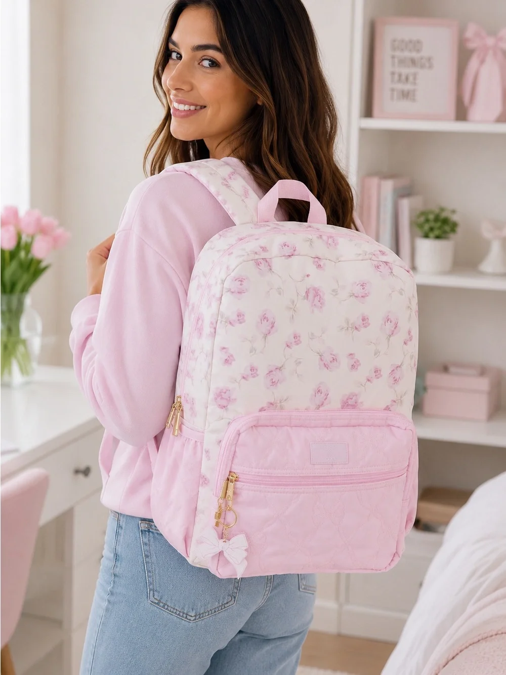 LoveShackFancy Pink Floral Quilted Backpack & lunch bag Tote Set